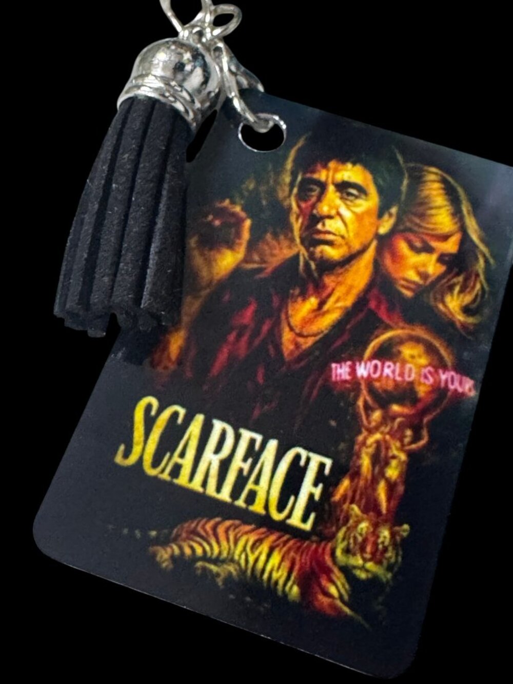 Scarface Movie Poster Keychain, Metal, Black Tassel, "The World Is Yours" Theme